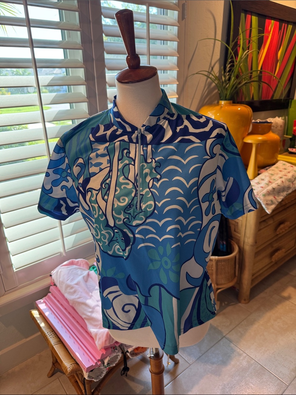 Canari Blue & Green Abstract Wave-Print Short-Sleeve Cycling Polo